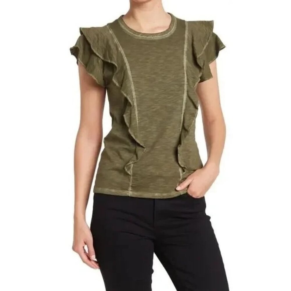 Veronica Beard Olive Green Bea Ruffle Front Short Sleeve Tshirt Womens Medium